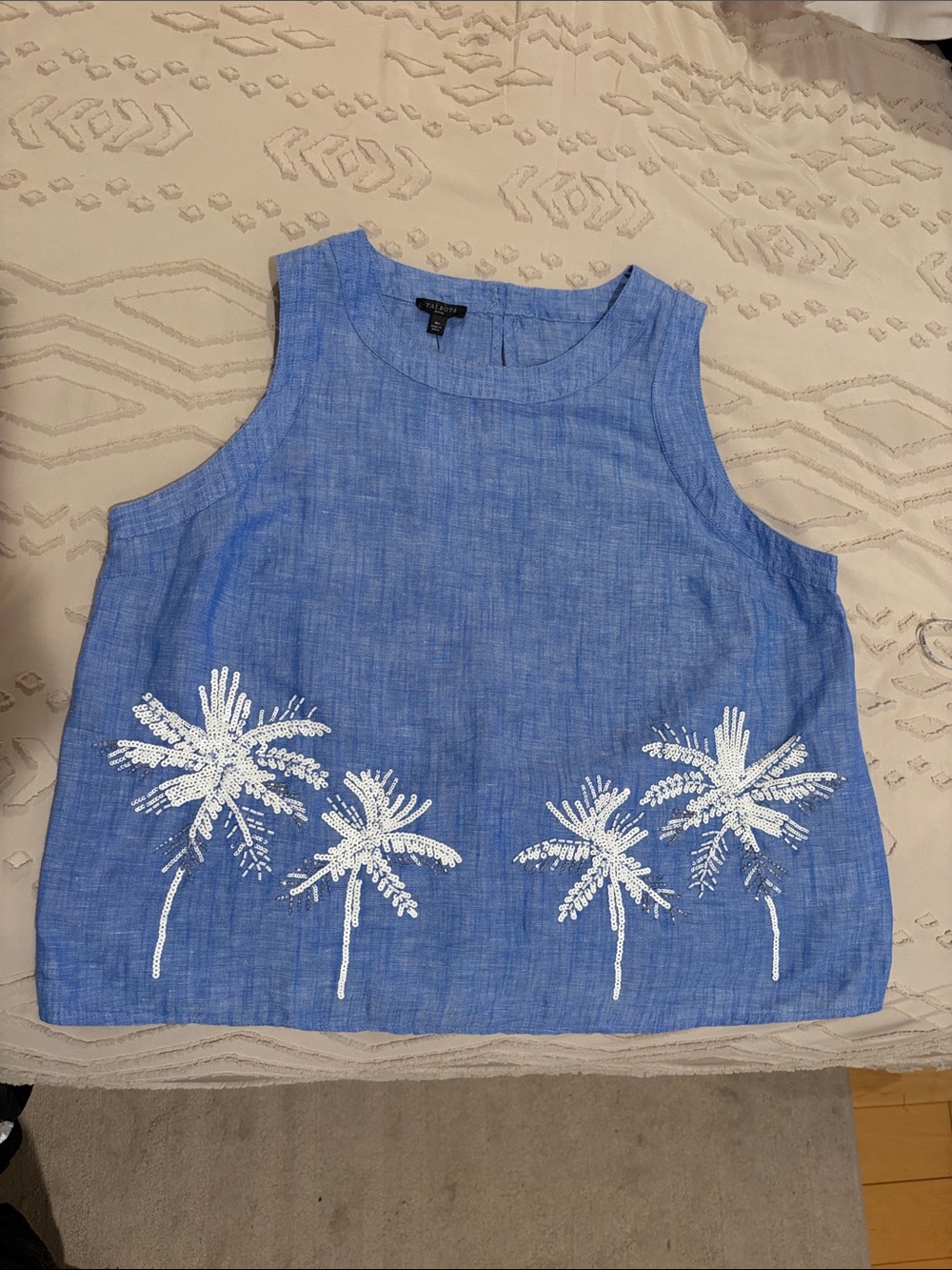 NWT Talbots Linen Palm-silver beaded, white sequin embroidered sleeveless top
